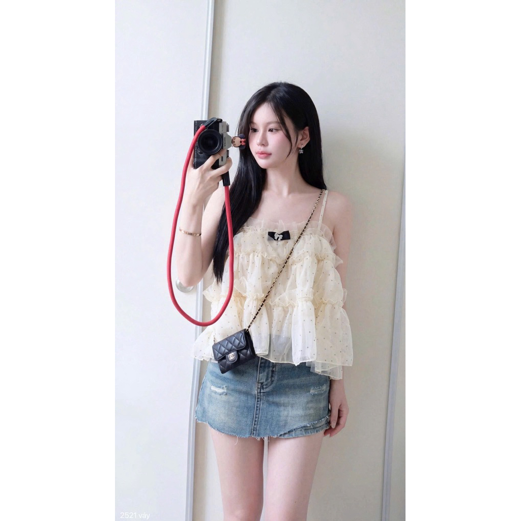 Áo chấm bi 2 dây phối tơ bèo mix đồ siu xinh