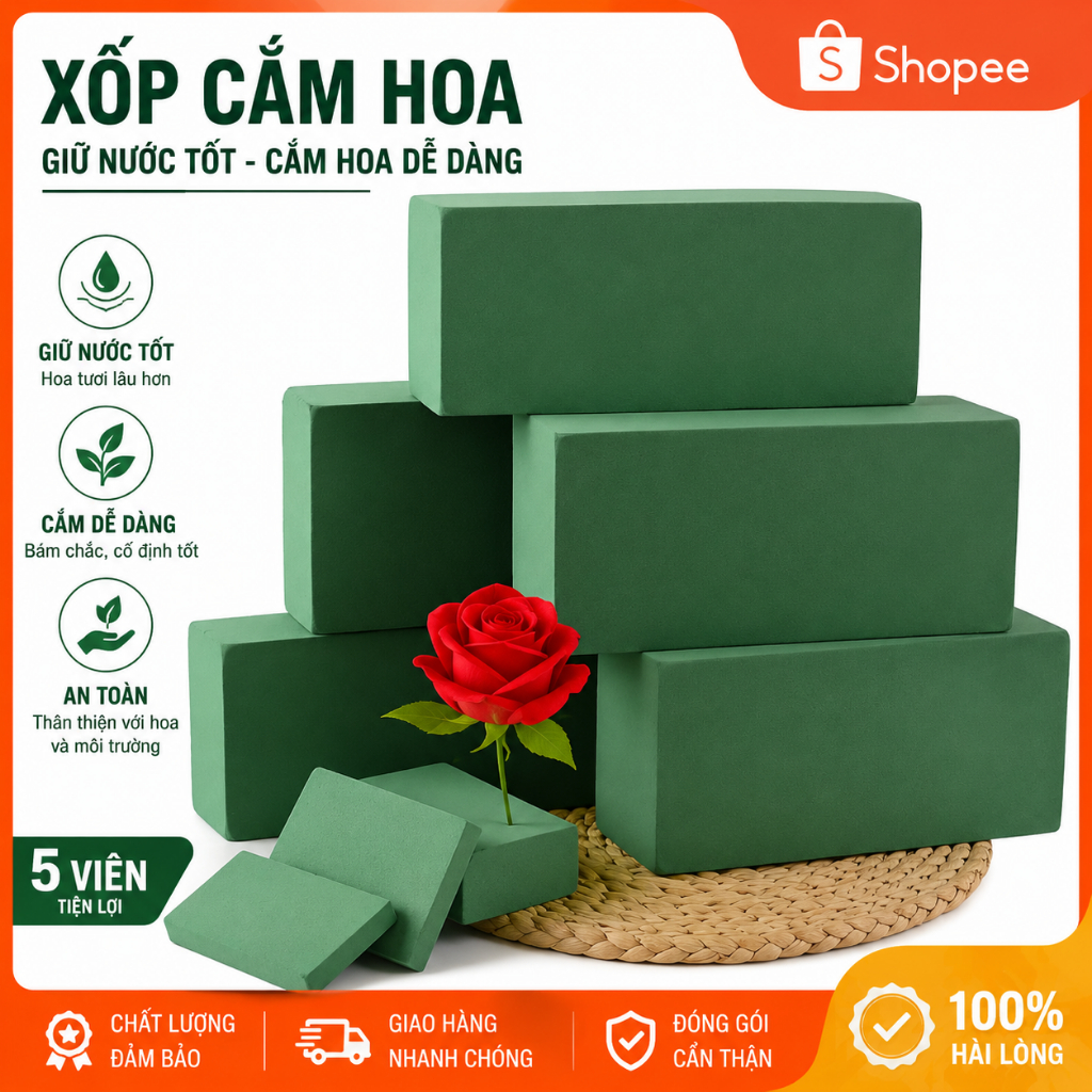 Miếng xốp cắm hoa tươi – Set 5 miếng – Giữ nước tốt, dễ cắt, cắm hoa chắc đẹp