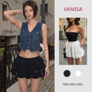 Quần đùi bí phồng phối nơ lưng cao trắng đen hàn quốc VANISA Q4