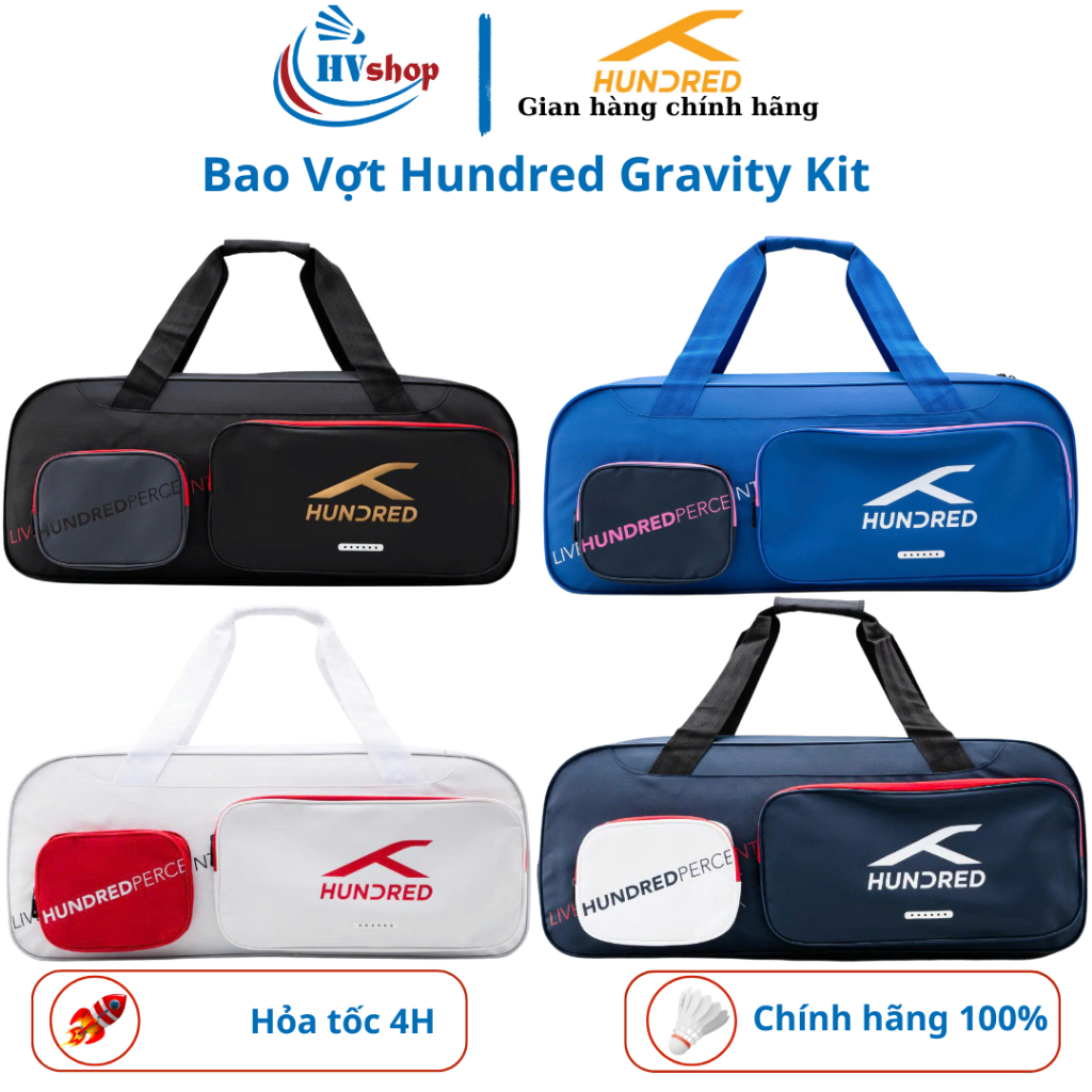 Bao vợt cầu lông Hundređ Gravity Kit chính hãng, dùng 4 màu nổi bật, ngăn đựng đồ đa năng - HVShop