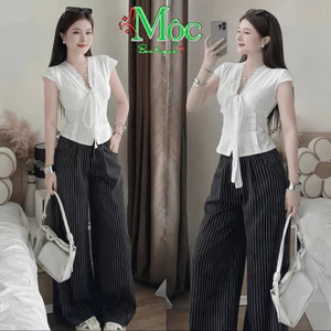 Set công sở, set tiểu thư mặc hè áo Ren hoa nổi buộc dây nơ tay hến phối quần Kaki sọc suông xinh