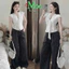 Set công sở, set tiểu thư mặc hè áo Ren hoa nổi buộc dây nơ tay hến phối quần Kaki sọc suông xinh