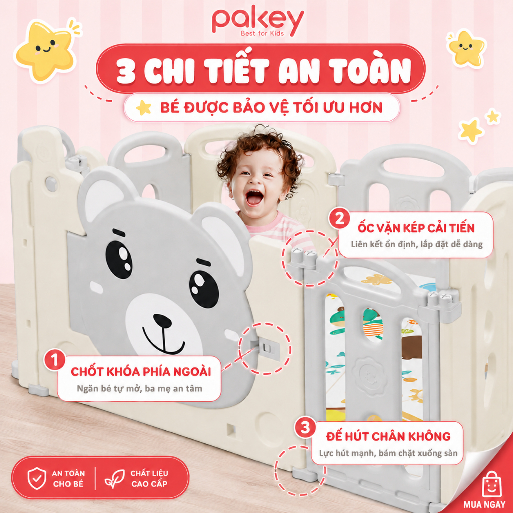 Quây Cũi Nhựa Gấp Gọn Pakey Gấu NC01 TẶNG KÈM BÓNG + THẢM + SET BÓNG RỔ + NÉM VÒNG Dày Dặn An Toàn Cho Bé