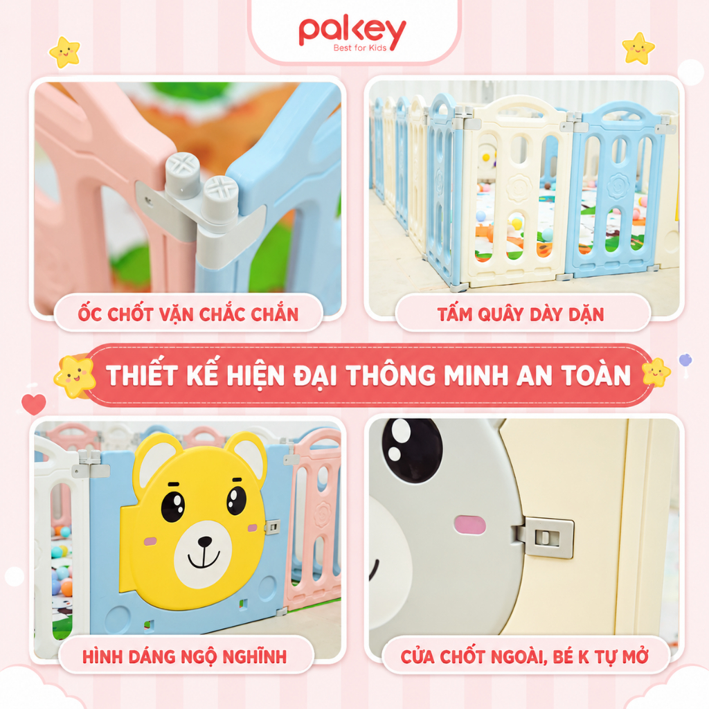 Quây Cũi Nhựa Gấp Gọn Pakey Gấu NC01 TẶNG KÈM BÓNG + THẢM + SET BÓNG RỔ + NÉM VÒNG Dày Dặn An Toàn Cho Bé