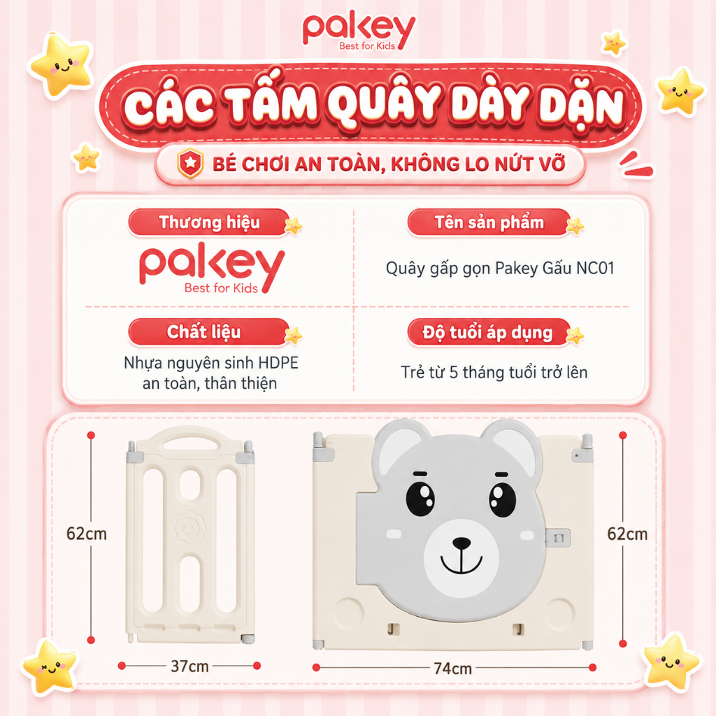 Quây Cũi Nhựa Gấp Gọn Pakey Gấu NC01 TẶNG KÈM BÓNG + THẢM + SET BÓNG RỔ + NÉM VÒNG Dày Dặn An Toàn Cho Bé
