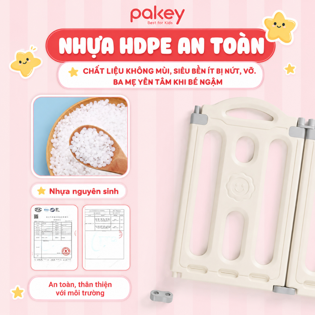 Quây Cũi Nhựa Gấp Gọn Pakey Gấu NC01 TẶNG KÈM BÓNG + THẢM + SET BÓNG RỔ + NÉM VÒNG Dày Dặn An Toàn Cho Bé