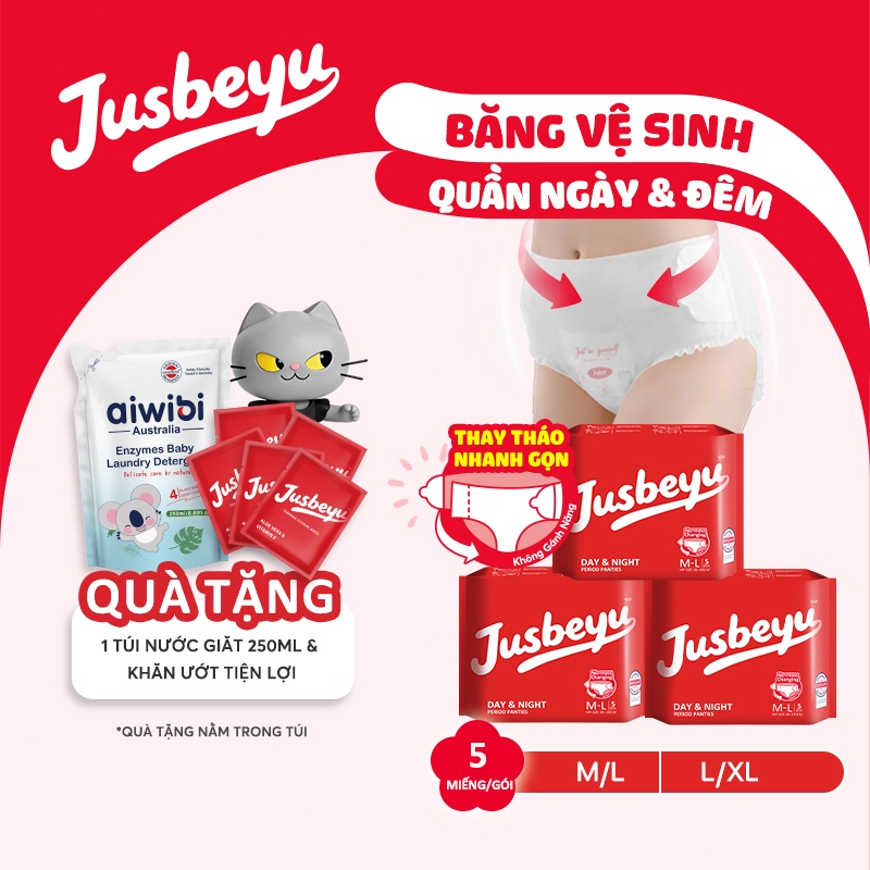 [Combo 3] Băng Vệ Sinh Quần Jusbeyu Ngày Và Đêm Size M/L - L/XL Gói 5 Miếng – Thay Nhanh 15 Giây, Chống Tràn, Thấm Hút