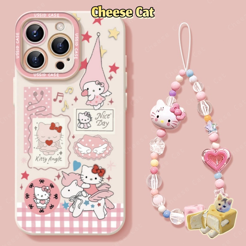 Ốp điện thoại iPhone có dây buộc và ngôi sao màu hồng Kitty cho iPhone 14 13 16 Pro Max 15 Plus 11 12 17 Air Xs XR 7Plus