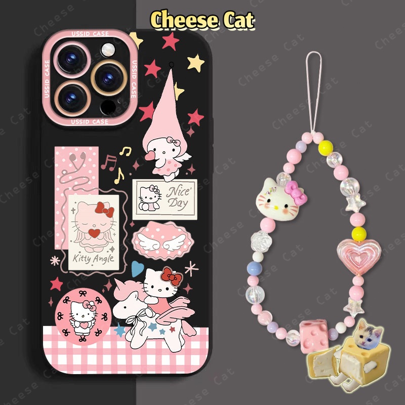 Ốp điện thoại iPhone có dây buộc và ngôi sao màu hồng Kitty cho iPhone 14 13 16 Pro Max 15 Plus 11 12 17 Air Xs XR 7Plus