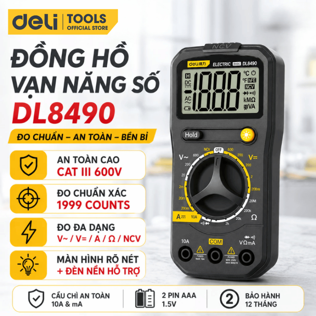 Đồng hồ vạn năng Deli Kẹp Ampe chính hãng Màn hình LED kỹ thuật số - Phạm vi đo 600V - BH 12 tháng