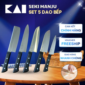 Set 5 Dao bếp KAI Seki Manju India Đa Năng tay cầm nhựa chịu nhiệt lưỡi dao bằng thép không rỉ
