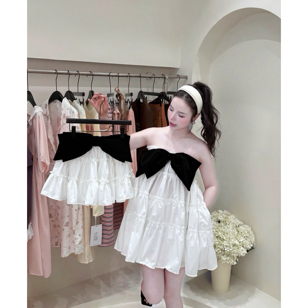 Váy 2 dây babydoll phối nơ ngực dạo phố xinh lắm