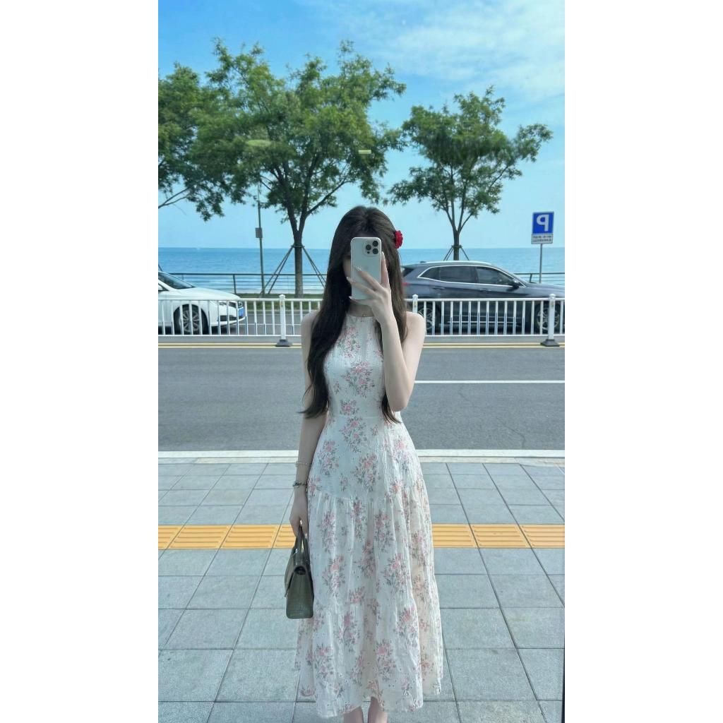 Váy hoa nhí dáng dài sát nách cổ tròn đầm maxi đi biển dáng xòe tầng thướt tha phong cách nàng thơ HCOM27206