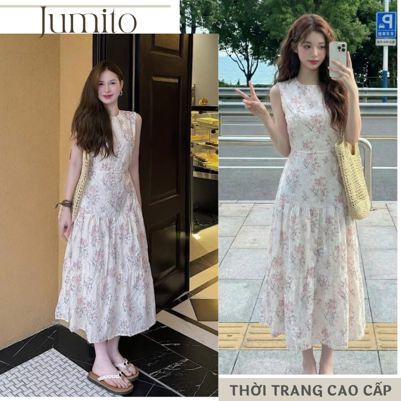 Váy hoa nhí dáng dài sát nách cổ tròn đầm maxi đi biển dáng xòe tầng thướt tha phong cách nàng thơ HCOM27206