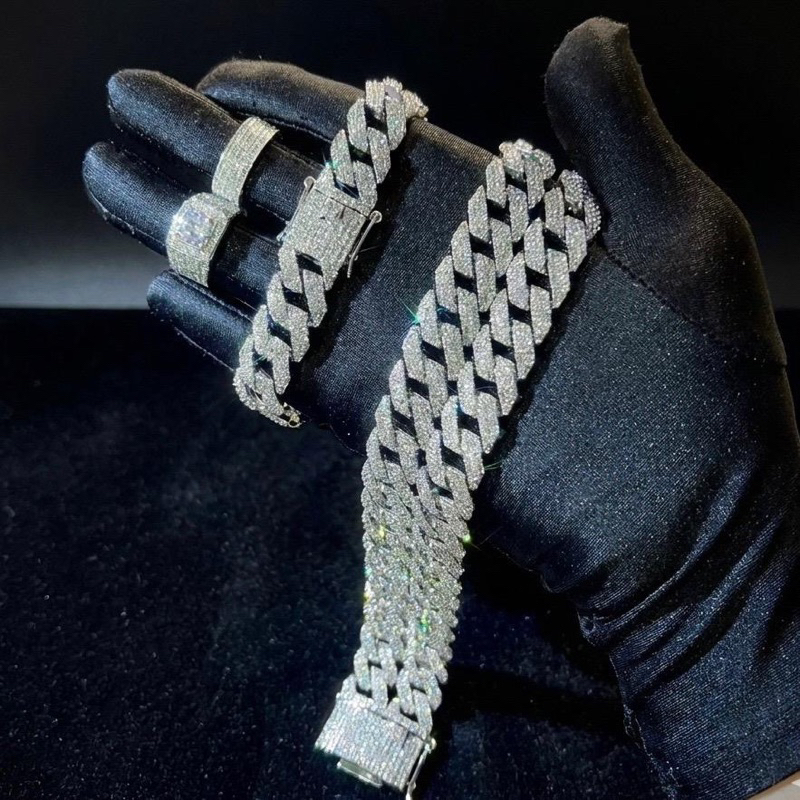 (Combo 4 món) Combo dây chuyền và lắc tay cuban đính đá tặng kèm 2 nhẫn bling cz - ver2