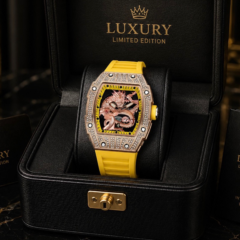 (Tặng nhẫn) Đồng hồ nam đính đá mặt rồng dây da cao cấp mã H9 gold
