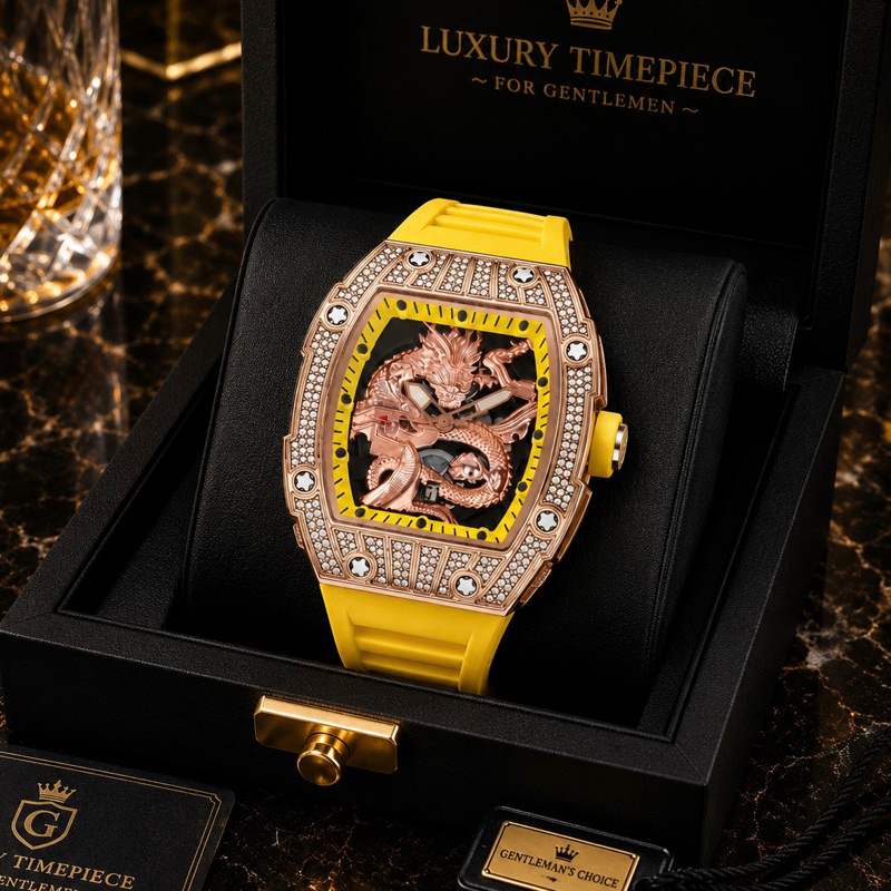 (Tặng nhẫn) Đồng hồ nam đính đá mặt rồng dây da cao cấp mã H9 gold