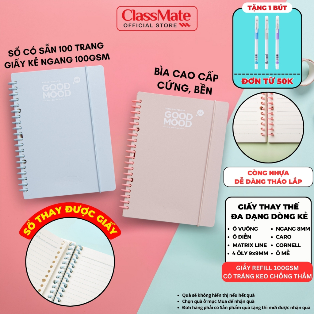 Sổ Lò Xo 100GSM A5 B5 Classmate Sổ Bìa Cứng Còng Nhựa Thay Được Giấy Refill Đủ Loại Dòng Kẻ, Sổ Ghi Chép 100 Trang