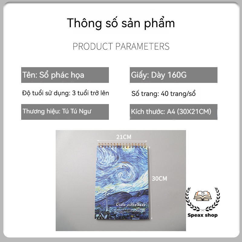 Sổ vẽ Sketchbook lò xo 160gsm A4/B5/A3 – 40 tờ xé rời, giấy dày cao cấp marker & màu nước, không lem