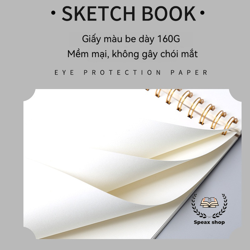 Sổ vẽ Sketchbook lò xo 160gsm A4/B5/A3 – 40 tờ xé rời, giấy dày cao cấp marker & màu nước, không lem