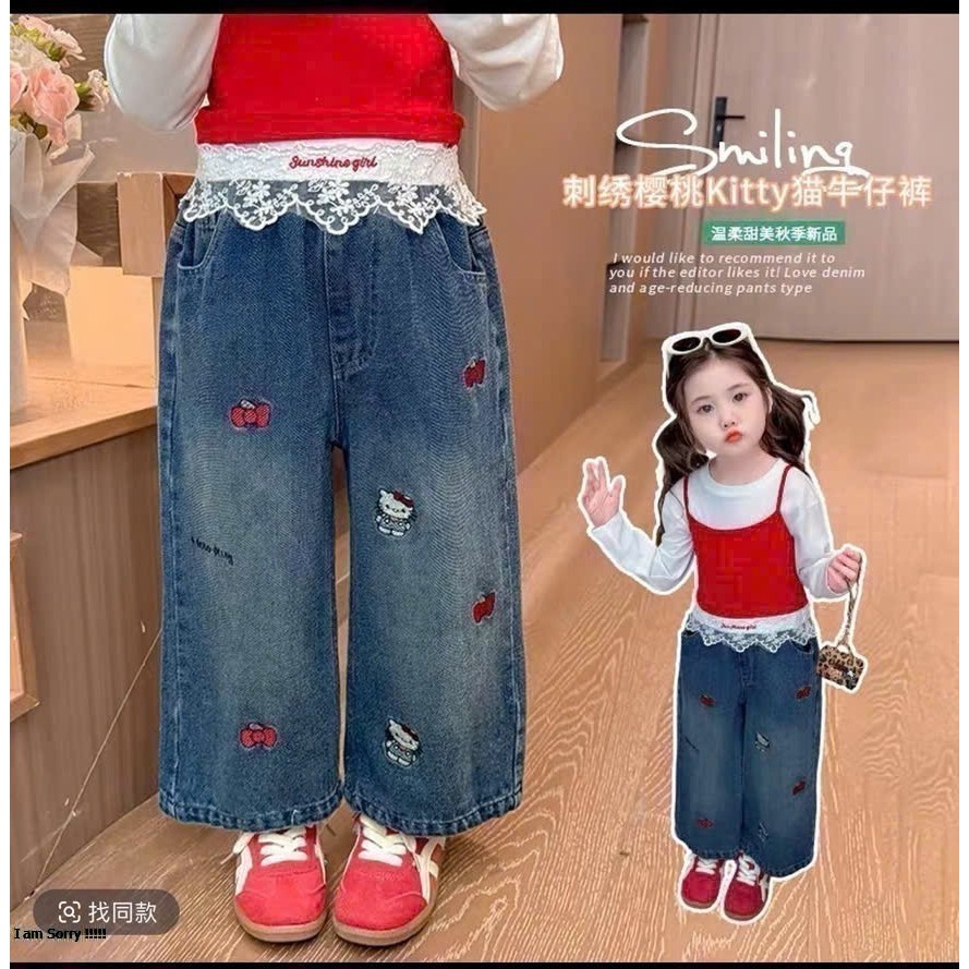 Quần jeans (dài ống xuông)thêu cho bé gái,(vải Denim),giành cho bé từ 10 đến 35 kg (giành cho độ tuổi 1 đến 14 tuổi )
