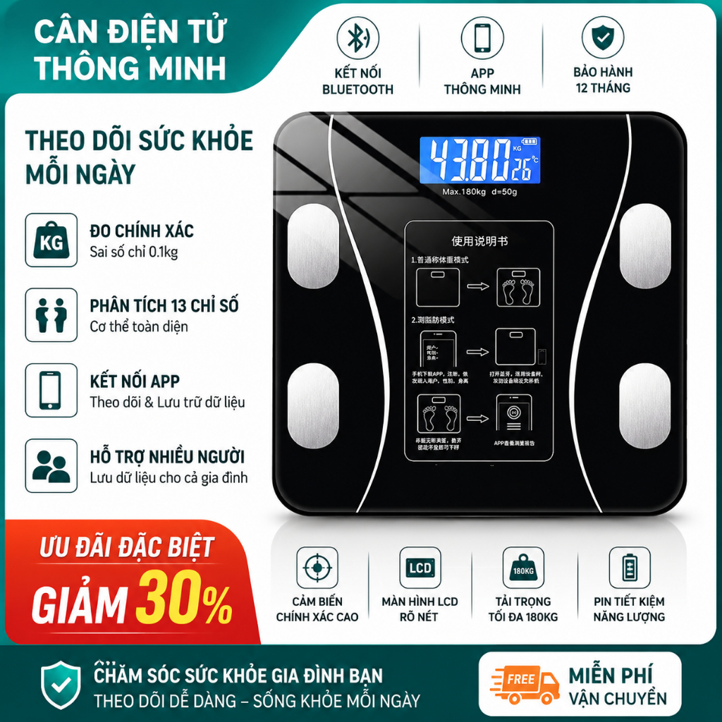 Cân Điện Tử Thông Minh Bluetooth - Đo Trọng Lượng, Mỡ, BMI, Theo Dõi Sức Khỏe