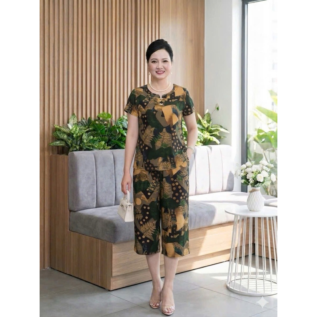Bộ lụa Trung Niên Quần Lỡ Cho Mẹ U50,U60,U70..Đẹp Mát Sang