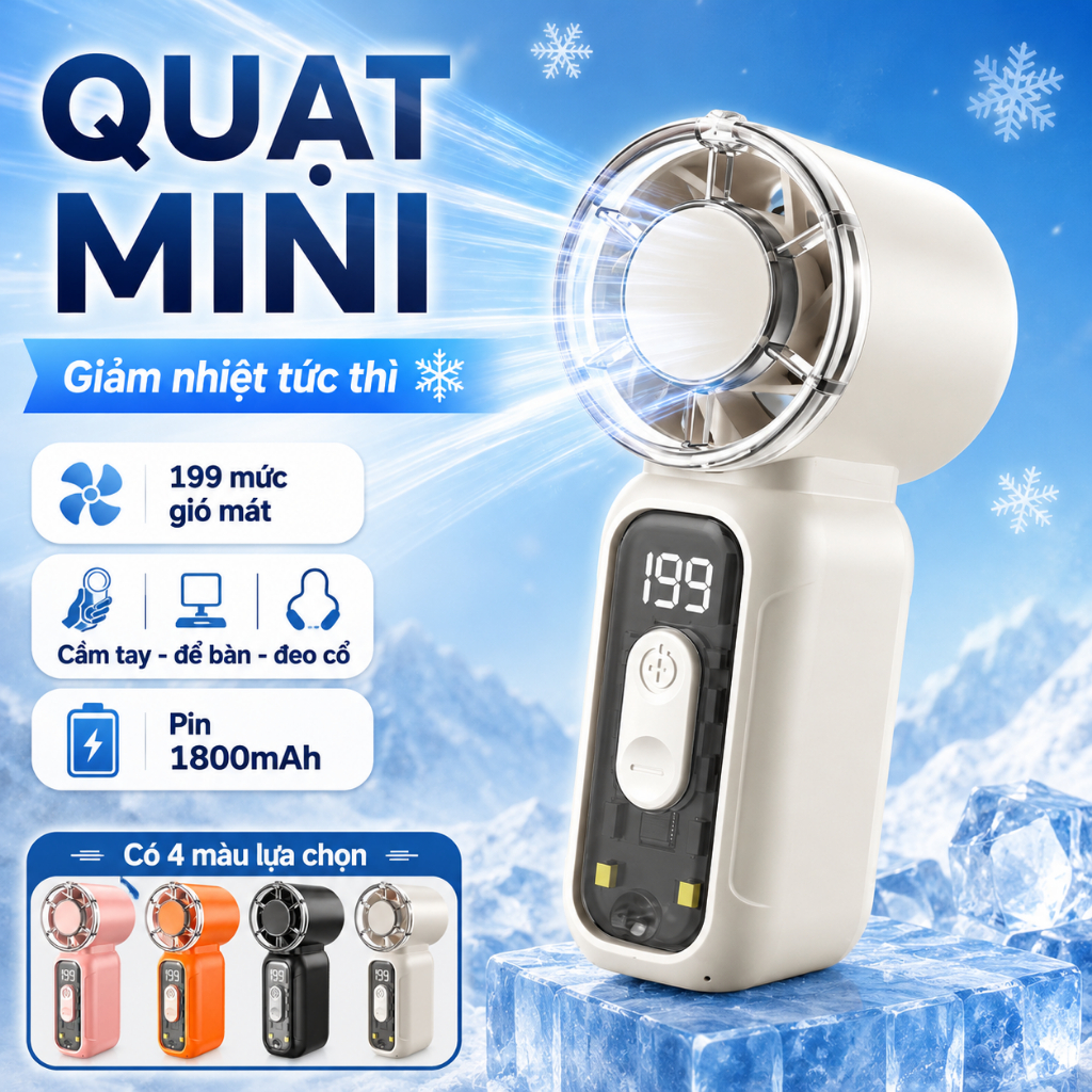 Quạt Mini Cầm Tay 199 Mức Gió Làm Mát Nhanh Tức Thì, Màn Hình Hiển Thị Led, Có Đèn Pin, Tích Điện Mini