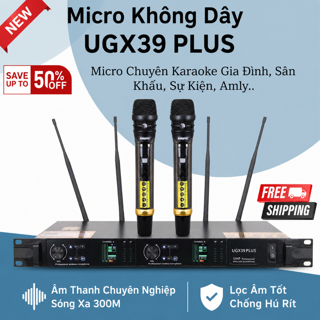 Micro Không Dây Karaoke  UGX-39D Plus, Chống Hú Rít, Hút Âm, 4 Ăng Ten, Hát Nịnh Giọng
