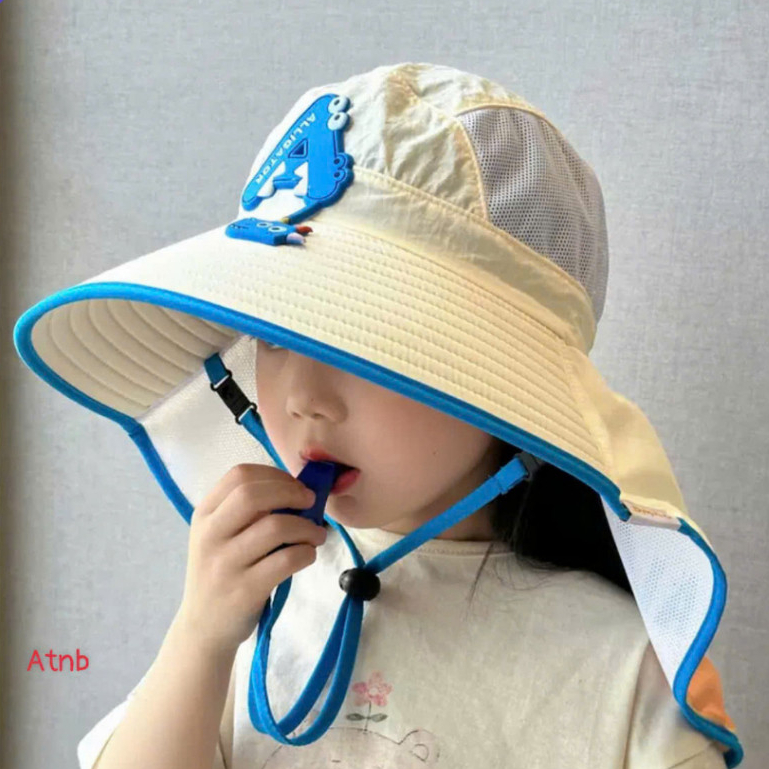 Mũ Còi, Mũ Chống Nắng Rộng Vành Chùm Vai Cho Các Bé a su