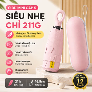 Ô gấp siêu nhỏ 5 lần | Tay cầm vòng treo | Dùng mưa nắng 2 trong 1 | Chống tia UV UPF50+ | Hỗ trợ bán buôn