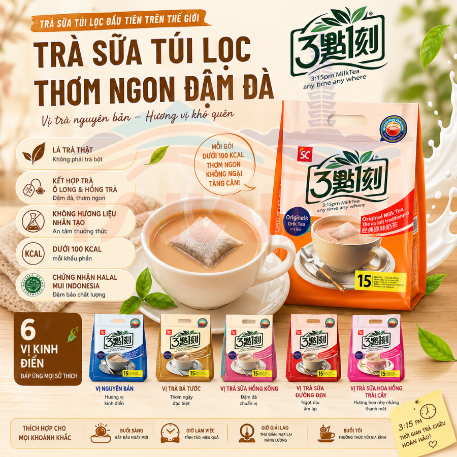[Date mới] Trà sữa túi lọc 3:15pm Đài Loan 15 gói/túi