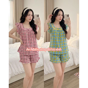 T11 (40-75kg) SET ĐỒ BỘ QUẦN ĐÙI CÓ TÚI LỤA 100D VIỀN REN XINH IN SỌC CARO