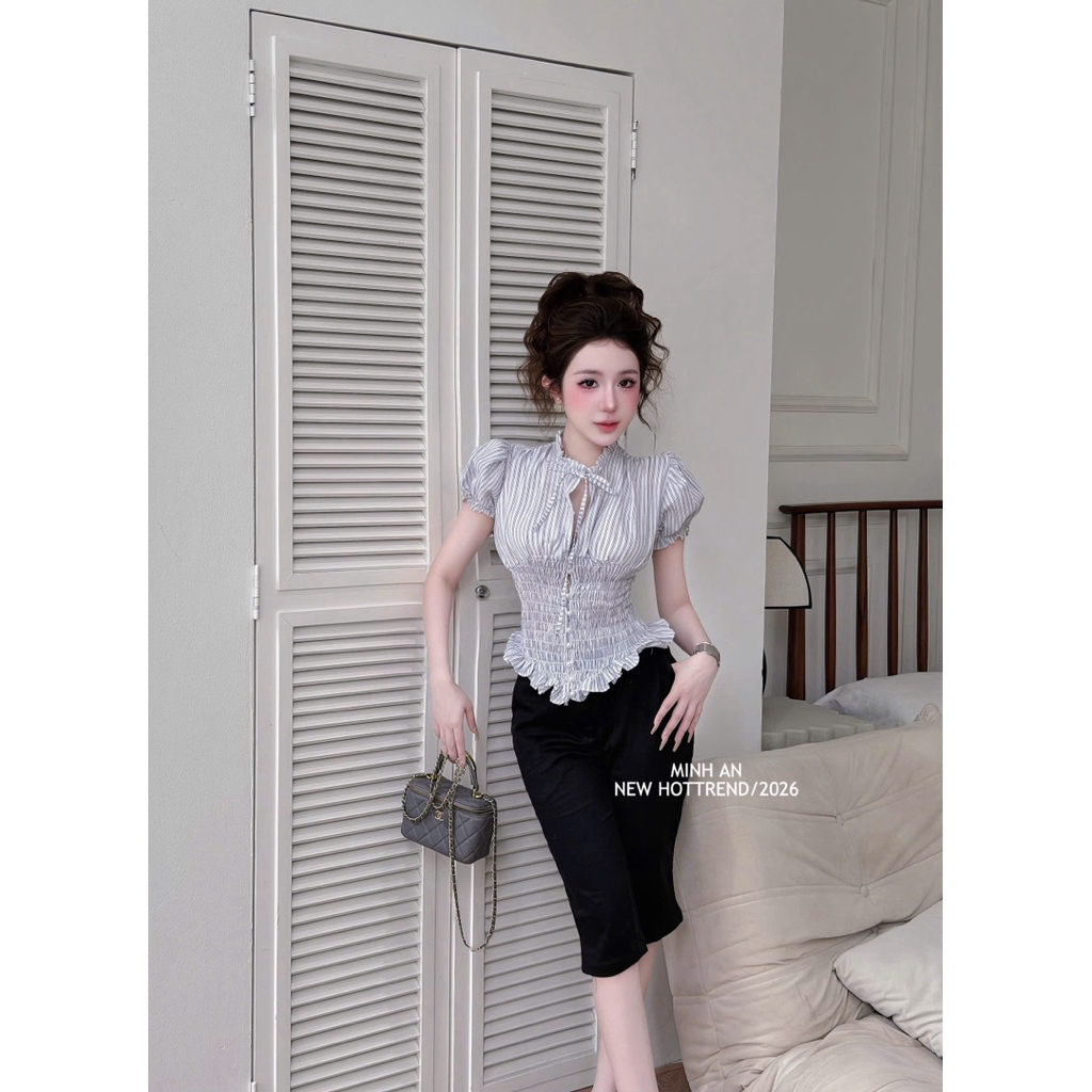 Áo cộc tay kẻ bồng chun eo siu đẹp