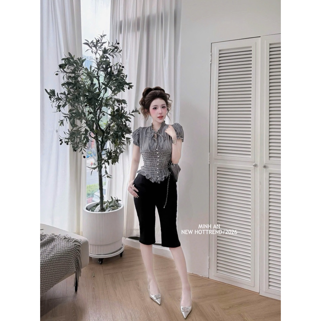 Áo cộc tay kẻ bồng chun eo siu đẹp