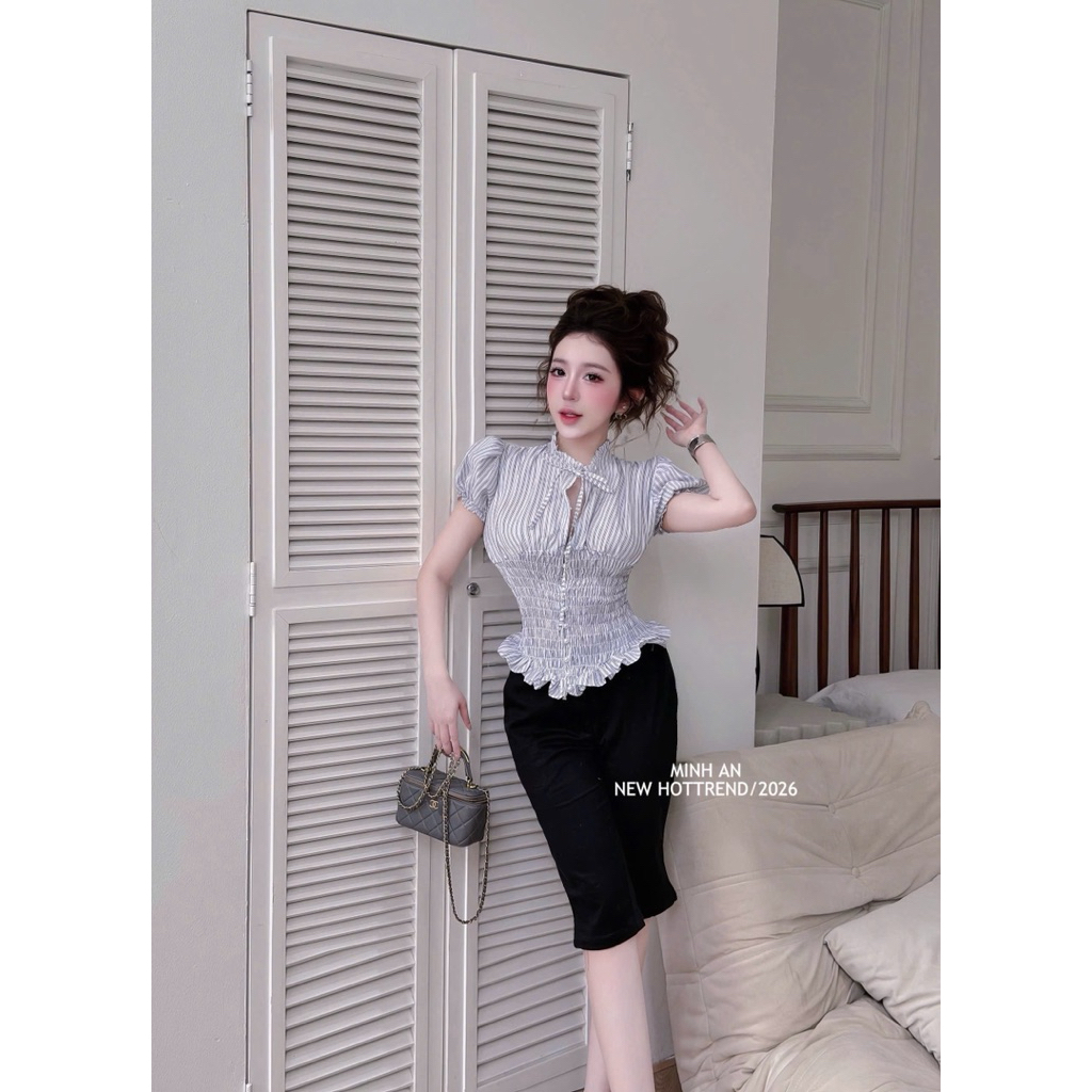 Áo cộc tay kẻ bồng chun eo siu đẹp