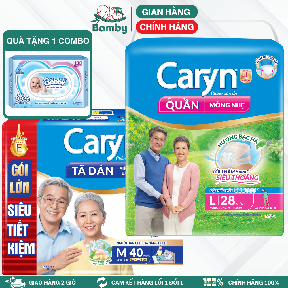 (Tặng khăn ướt)[COMBO 2 GÓI] Tã quần/dán Caryn túi lớn siêu tiết kiệm, siêu thấm hút - BAMBY......