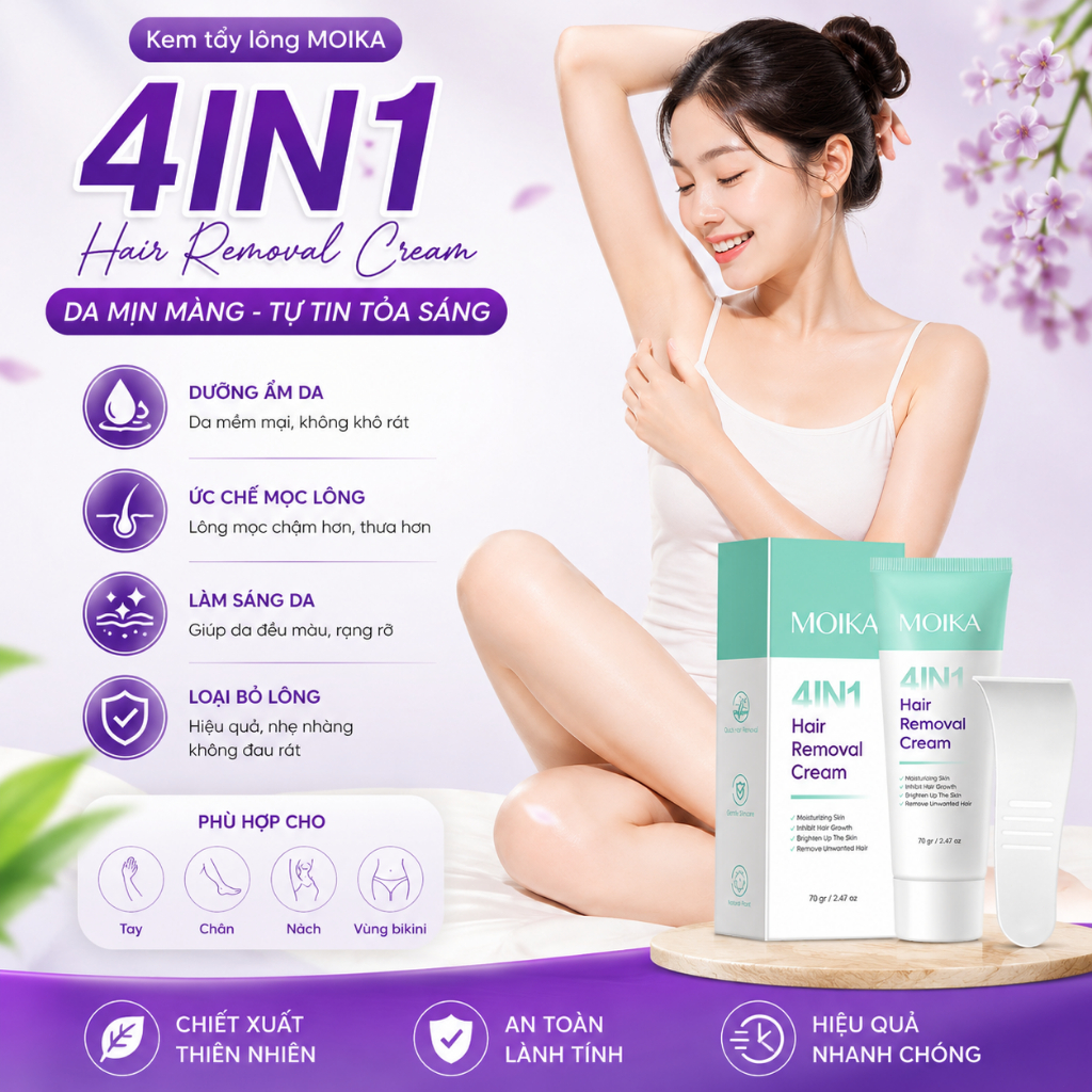 sáp wax lông，Kem tẩy lông 4IN1 MOIKA - Dịu nhẹ, dưỡng ẩm, sáng da, ức chế mọc lông, 70g【MUA 2 GIẢM 40%】