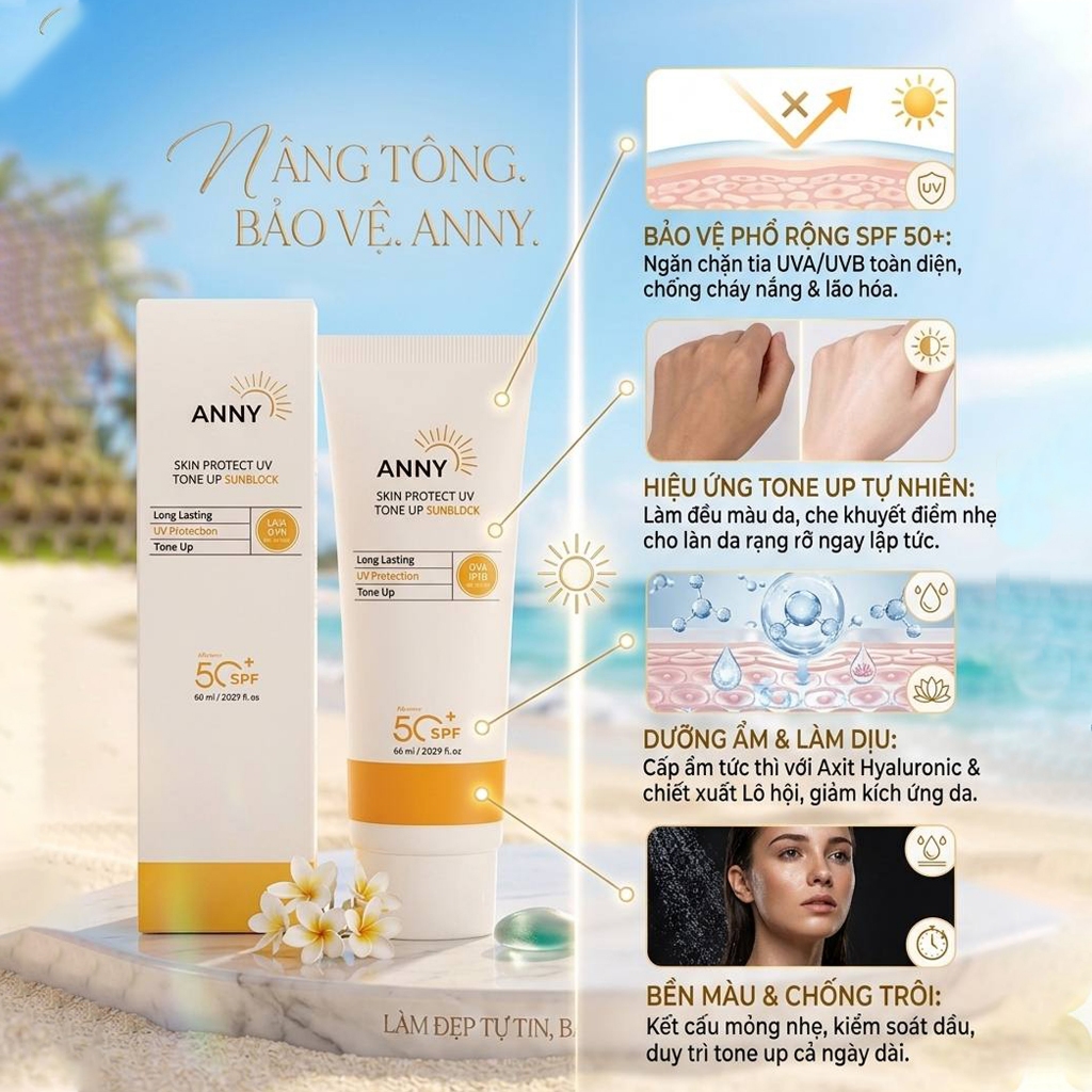 Combo 2 Kem Chống Nắng ANNY Chính Hãng Nâng Tone Trắng Hồng, Mờ Thâm Nám Giữ Tone Suốt 8 Giờ (60ml)