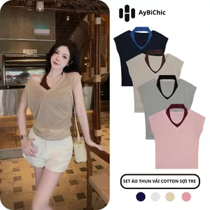 { VẢI COTTON SỢI TRE} Set Áo Thun Nữ 2 Áo Dáng Rộng Thoáng Mát Dễ Phối Đồ Chất Vải Mới Mềm Mại Như Tơ Cao Cấp AB 336
