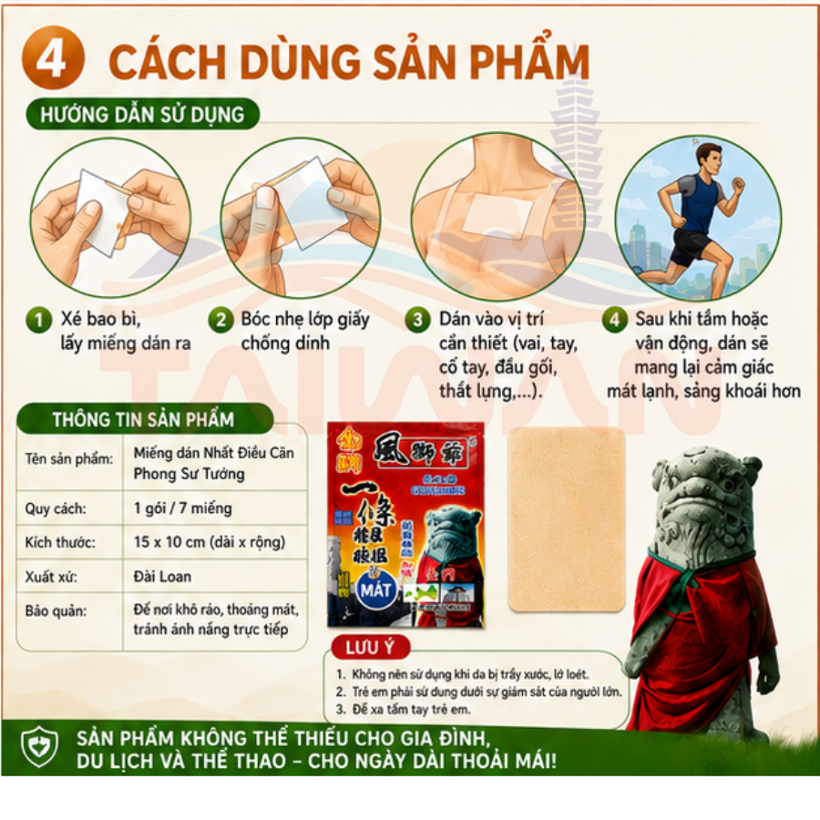 Miếng dán tinh dầu giảm nhức mỏi Feng Shi Ye - Kim Môn Đài Loan 7 Miếng / Túi