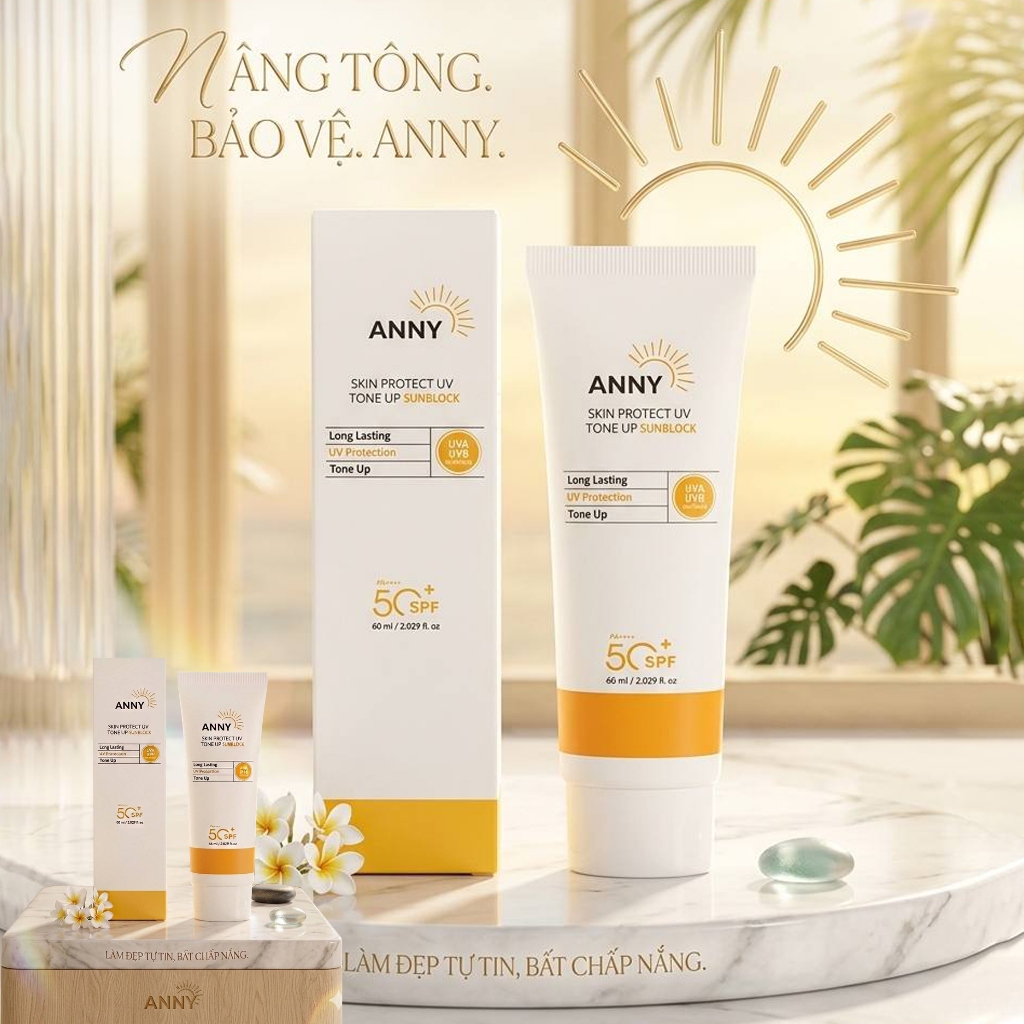 Combo 2 Kem Chống Nắng ANNY Chính Hãng Nâng Tone Trắng Hồng, Mờ Thâm Nám Giữ Tone Suốt 8 Giờ (60ml)