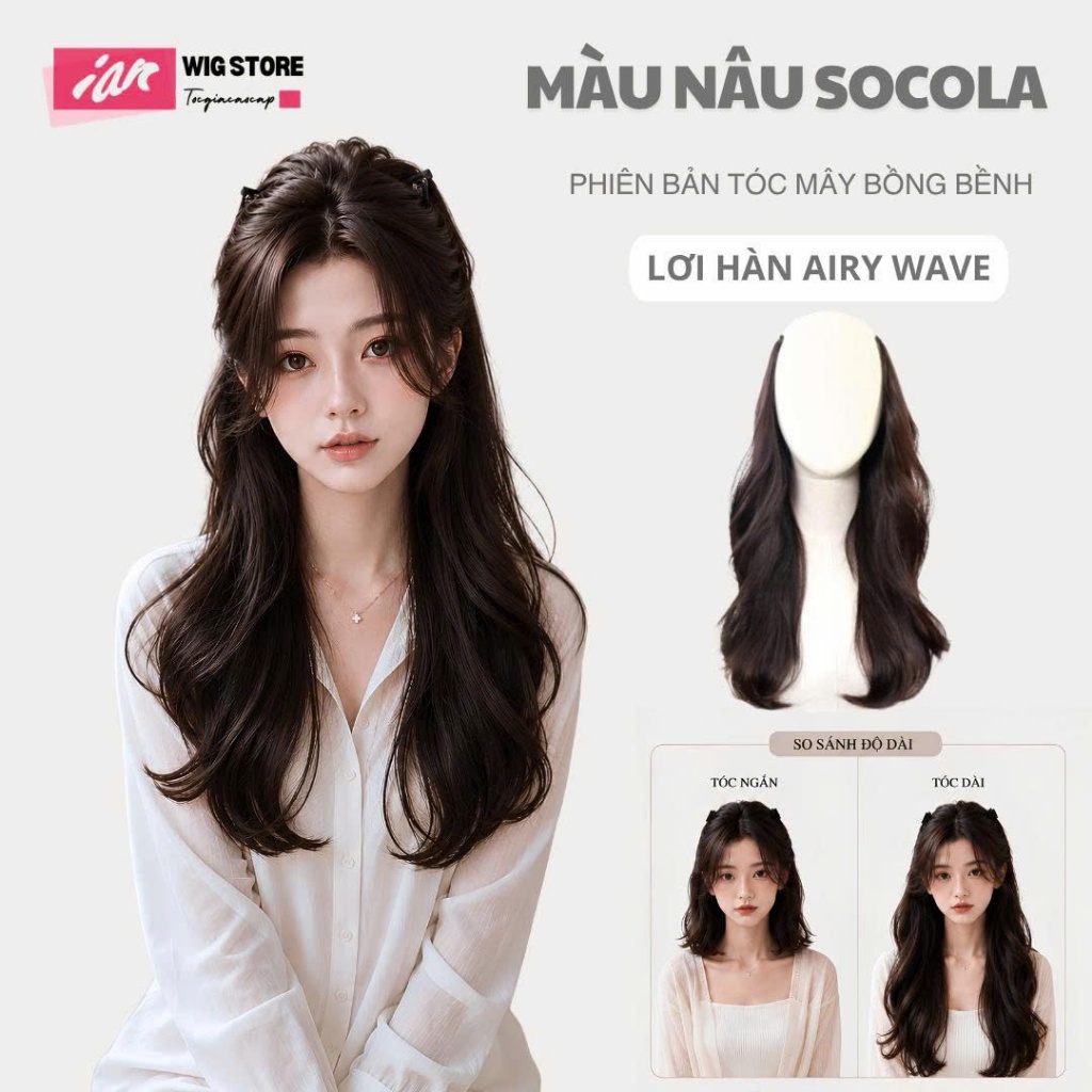 Kẹp Nửa Đầu IAN Tóc Giả Dải Nâng Cấp Airy Wave Hàn Quốc Cao Cấp - Tóc Mây Bồng Bềnh Tự Nhiên Siêu Thật 99%