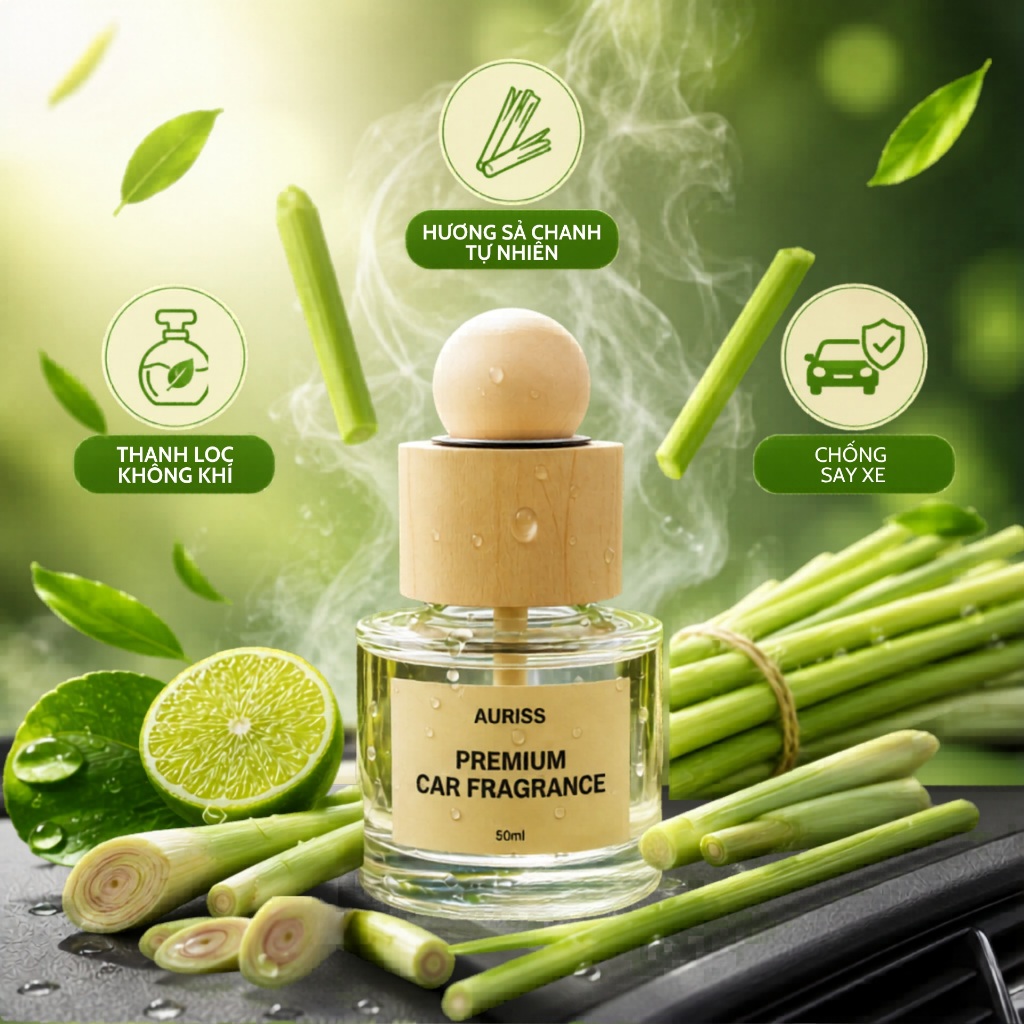 Nước Hoa Ô Tô Hương Chanh Sả 50ml Cao Cấp - Nước Hoa Ô Tô Khử Mùi, Chống Say Xe, Mùi Hương Thư Giãn