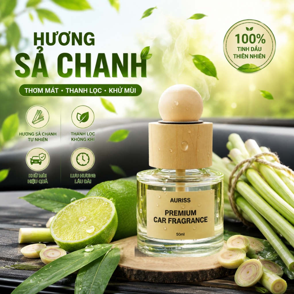 Nước Hoa Ô Tô Hương Chanh Sả 50ml Cao Cấp - Nước Hoa Ô Tô Khử Mùi, Chống Say Xe, Mùi Hương Thư Giãn
