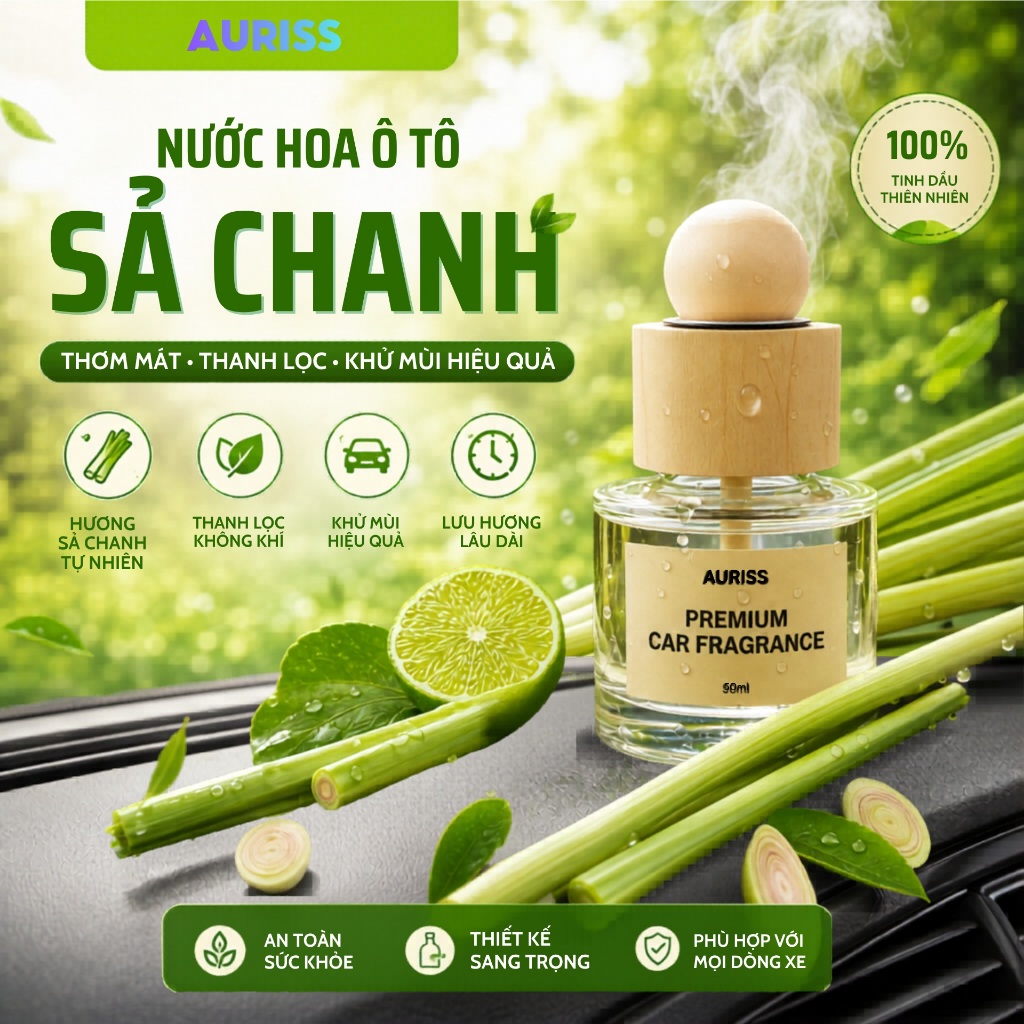 Nước Hoa Ô Tô Hương Chanh Sả 50ml Cao Cấp - Nước Hoa Ô Tô Khử Mùi, Chống Say Xe, Mùi Hương Thư Giãn
