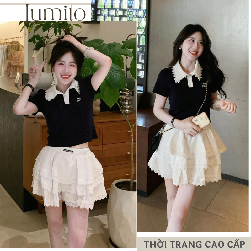 Set bộ váy ngắn nữ áo thun tăm polo cổ ren phối chân váy bèo tầng xếp ly phong cách học đường HCOM25837