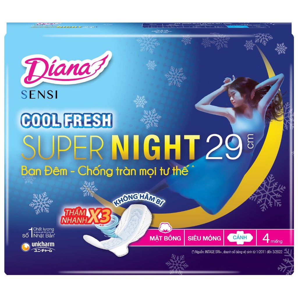BĂNG VỆ SINH DIANA SENSI COOL FRESH SUPER NIGHT 29CM (GÓI 4 MIẾNG)
