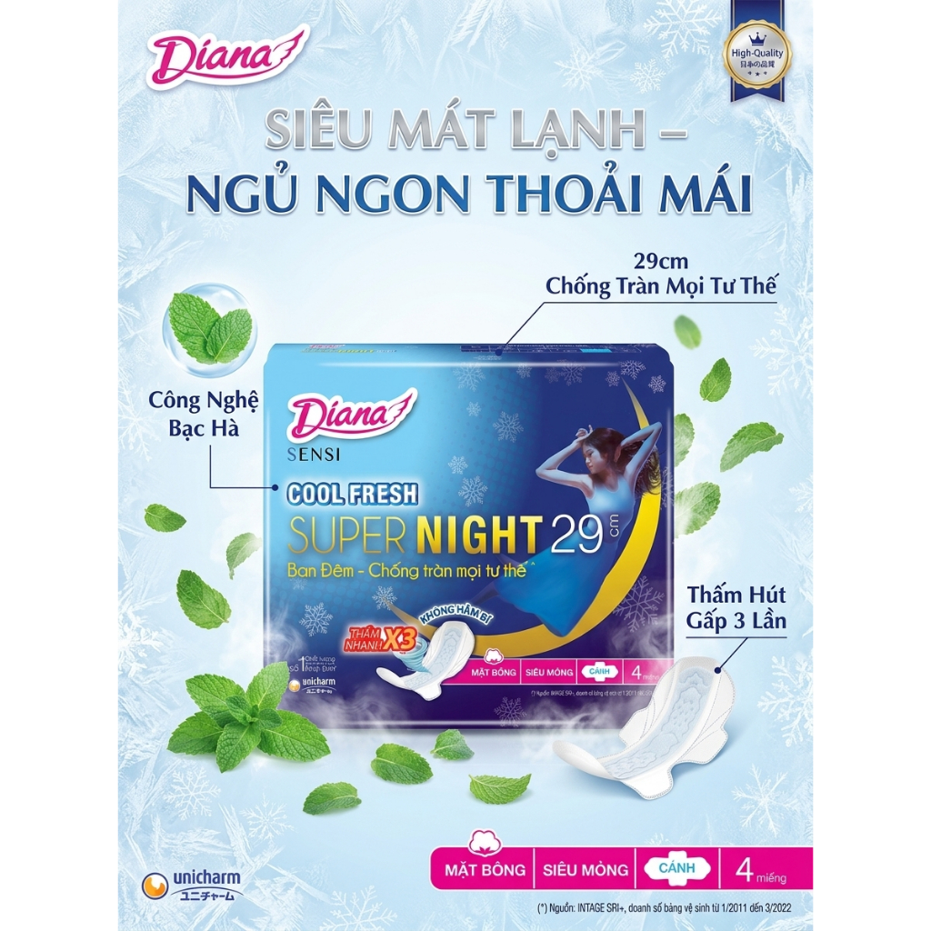 BĂNG VỆ SINH DIANA SENSI COOL FRESH SUPER NIGHT 29CM (GÓI 4 MIẾNG)