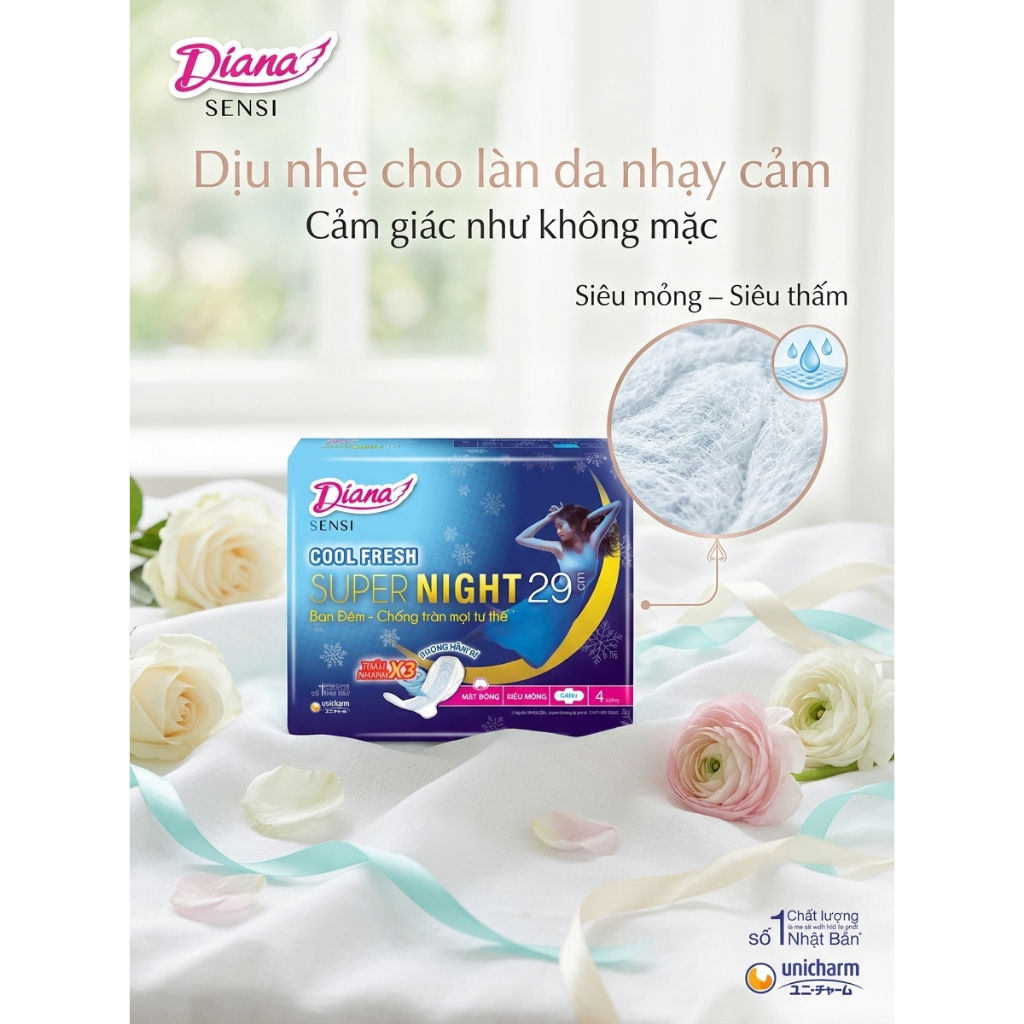 BĂNG VỆ SINH DIANA SENSI COOL FRESH SUPER NIGHT 29CM (GÓI 4 MIẾNG)
